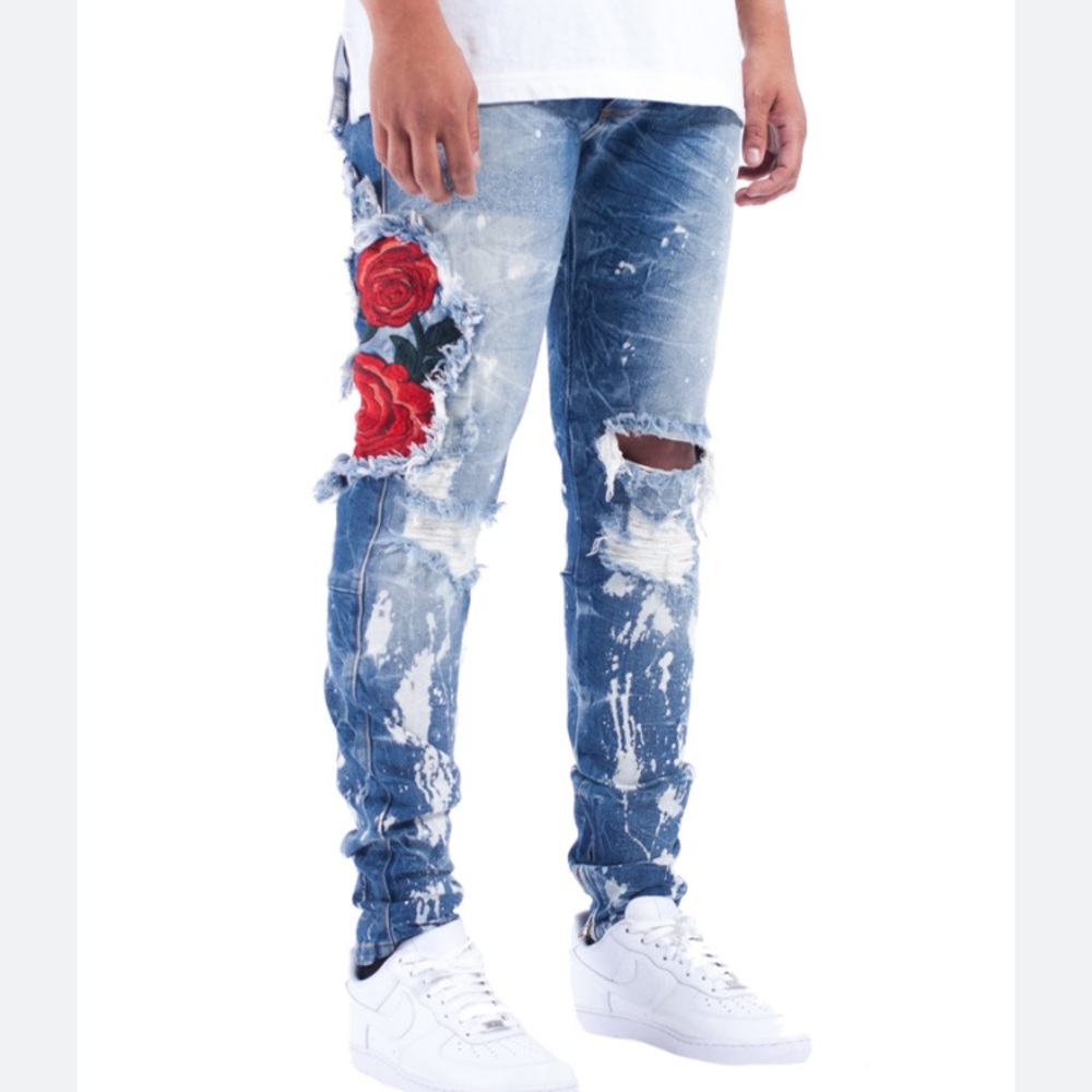 Golden Blue Distressed Jeans with Red Rose Patch
